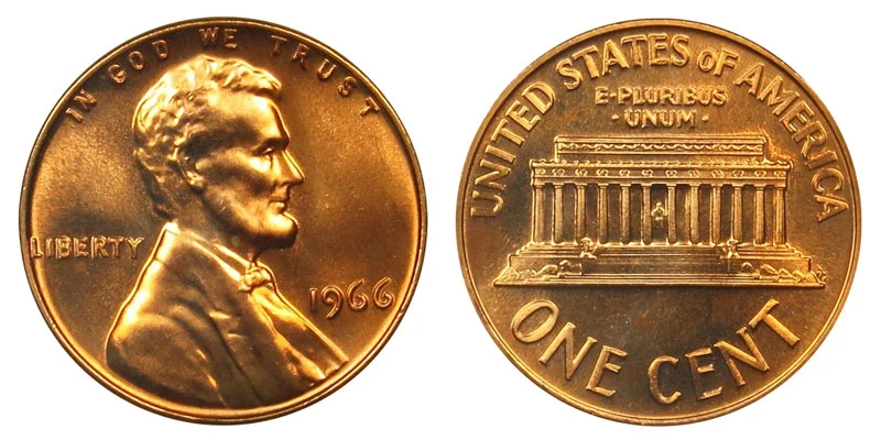 1966 Lincoln Memorial penny obverse and reverse showing copper luster and no mint mark