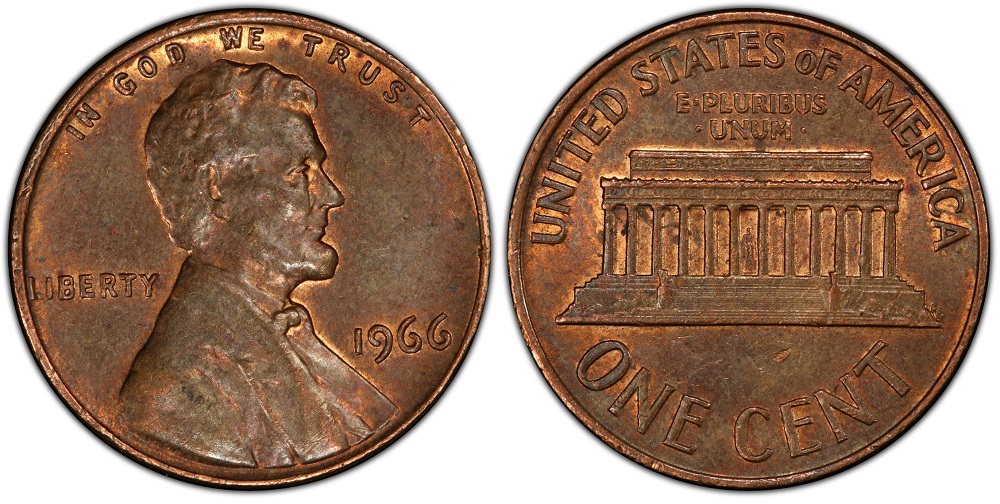 1966 penny grading strip showing four condition tiers from Worn through Circulated Uncirculated to Gem MS with grade labels