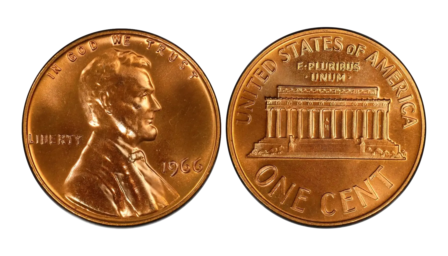 1966 SMS penny comparison: standard satin finish (left) versus Deep Cameo frosted devices with mirror fields (right)