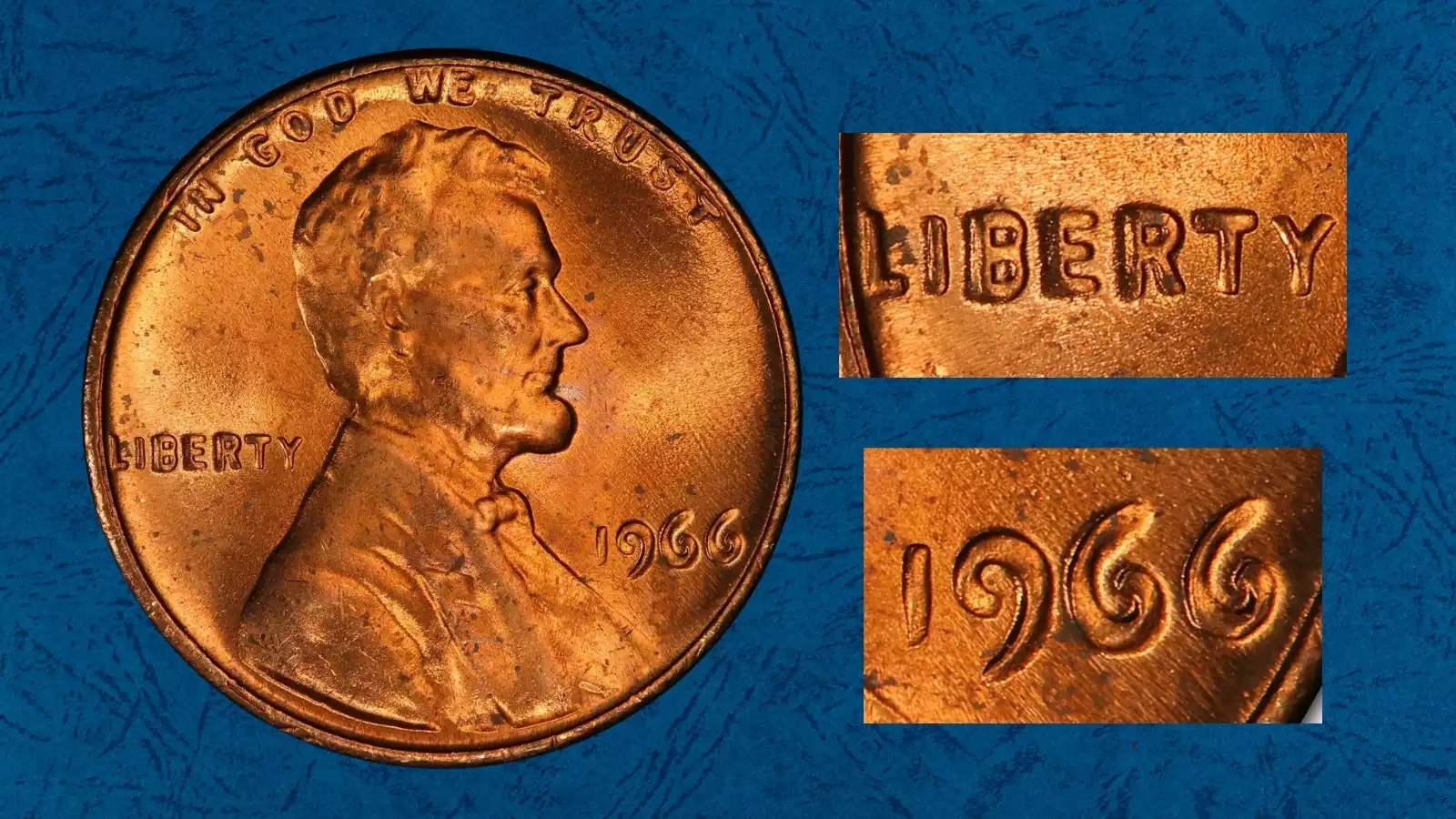 1966 penny DDO FS-101 doubled die obverse showing doubling on LIBERTY and IN GOD WE TRUST lettering
